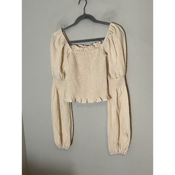 Line And Dot Cream Ivory Smocked Peasant Top Size Medium - Picture 1 of 15